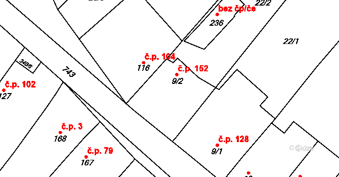 Střelice 152, Uničov na parcele st. 9/2 v KÚ Střelice u Litovle, Katastrální mapa