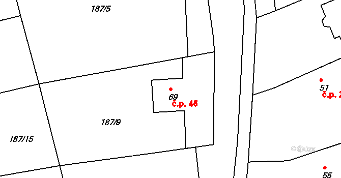 Lhota 45, Valašské Meziříčí na parcele st. 69 v KÚ Lhota u Choryně, Katastrální mapa