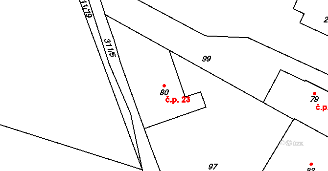 Tetín 23 na parcele st. 80 v KÚ Tetín, Katastrální mapa