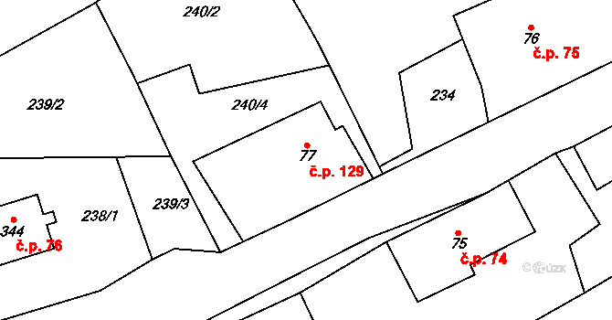 Těchonín 129 na parcele st. 77 v KÚ Těchonín, Katastrální mapa