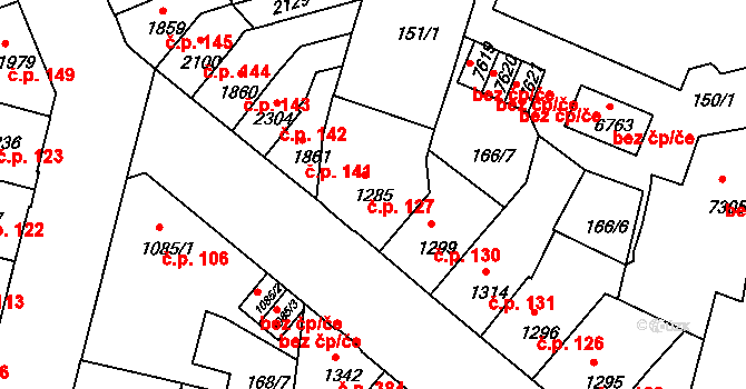 Jejkov 127, Třebíč na parcele st. 1285 v KÚ Třebíč, Katastrální mapa