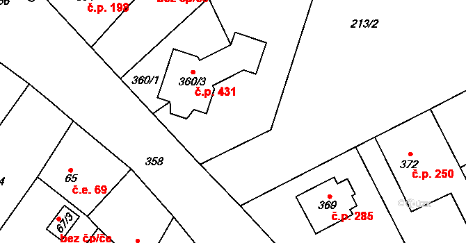 Zruč 431, Zruč-Senec na parcele st. 360/3 v KÚ Zruč, Katastrální mapa