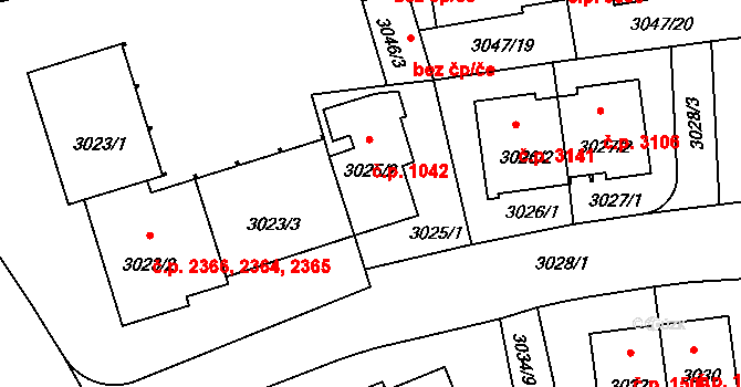 Strašnice 1042, Praha na parcele st. 3025/2 v KÚ Strašnice, Katastrální mapa
