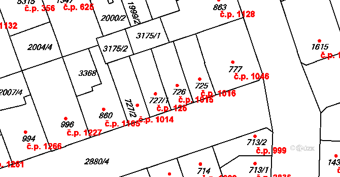 Hodonín 1015 na parcele st. 726 v KÚ Hodonín, Katastrální mapa