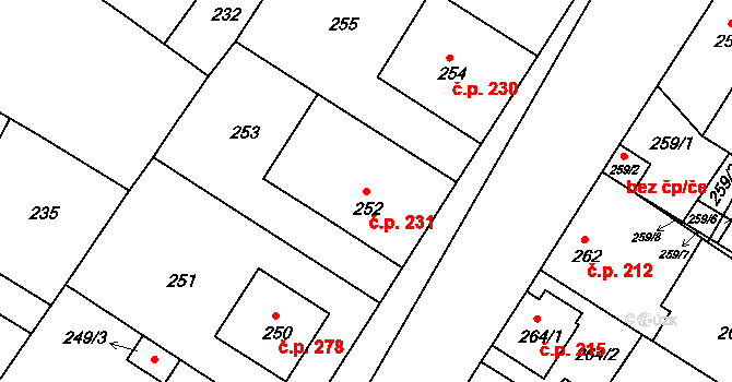 Křimice 231, Plzeň na parcele st. 252 v KÚ Křimice, Katastrální mapa