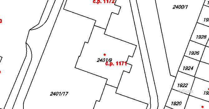 Doubravka 1171, Plzeň na parcele st. 2401/9 v KÚ Doubravka, Katastrální mapa