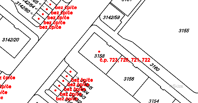 Lobzy 720,721,722,723, Plzeň na parcele st. 3158 v KÚ Plzeň, Katastrální mapa