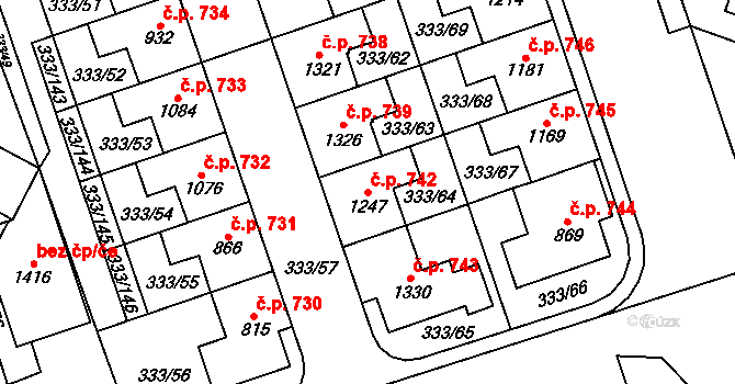 Přímětice 742, Znojmo na parcele st. 1247 v KÚ Přímětice, Katastrální mapa