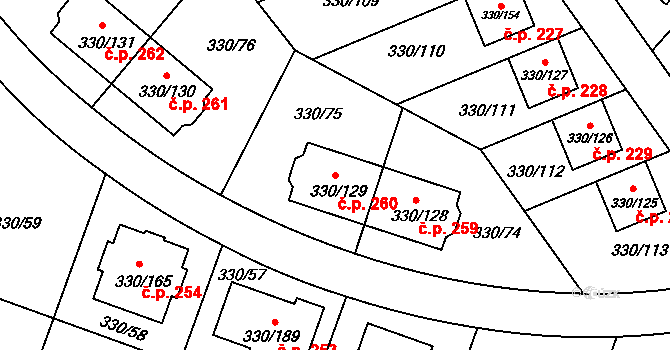 Hlušovice 260 na parcele st. 330/129 v KÚ Hlušovice, Katastrální mapa