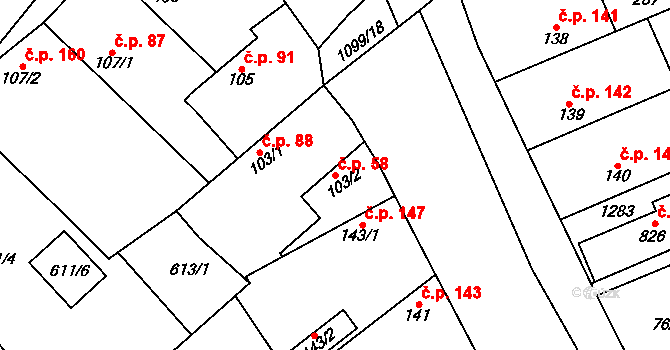 Horní Počaply 58 na parcele st. 103/2 v KÚ Horní Počaply, Katastrální mapa
