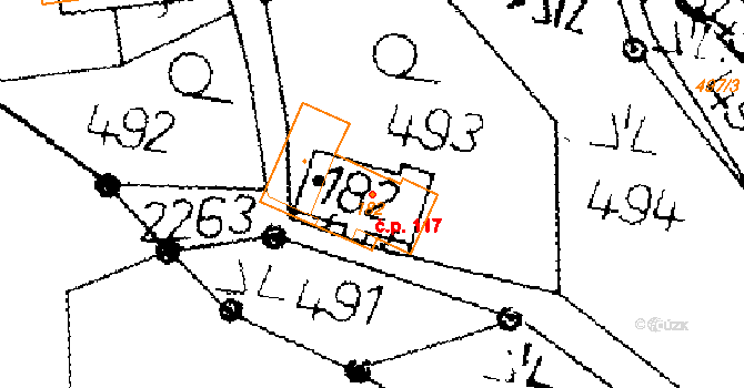 Merboltice 117 na parcele st. 182 v KÚ Merboltice, Katastrální mapa