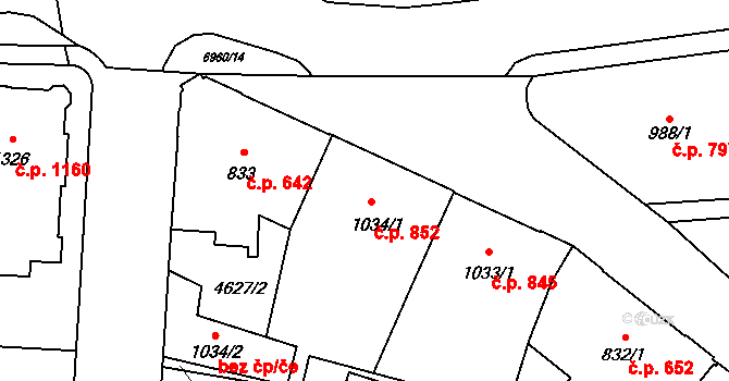Žatec 852 na parcele st. 1034/1 v KÚ Žatec, Katastrální mapa