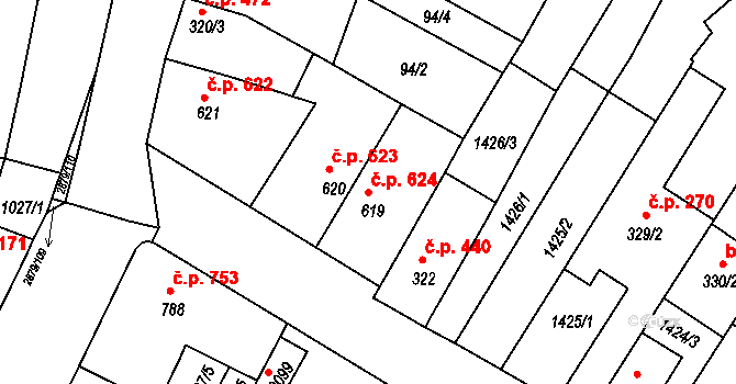 Bystřice pod Hostýnem 624 na parcele st. 619 v KÚ Bystřice pod Hostýnem, Katastrální mapa