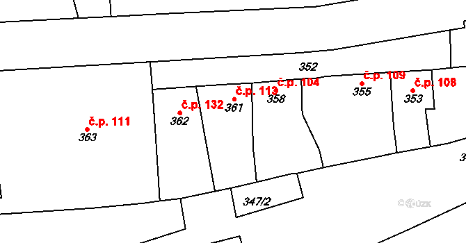 Uhřičice 113 na parcele st. 361 v KÚ Uhřičice, Katastrální mapa