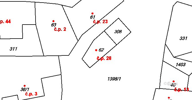 Polipsy 28, Čestín na parcele st. 62 v KÚ Polipsy, Katastrální mapa