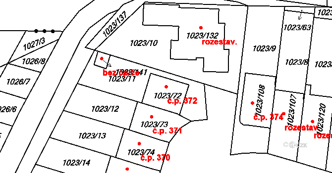 Hrdějovice 372 na parcele st. 1023/72 v KÚ Hrdějovice, Katastrální mapa