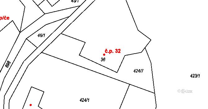 Sušetice 32, Sedlec-Prčice na parcele st. 36 v KÚ Sušetice, Katastrální mapa
