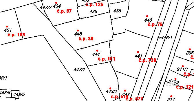 Švermov 101, Kladno na parcele st. 444 v KÚ Motyčín, Katastrální mapa