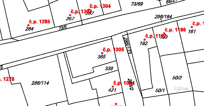 Švermov 1305, Kladno na parcele st. 365 v KÚ Hnidousy, Katastrální mapa