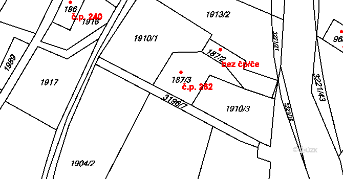 Bernartice 262 na parcele st. 187/3 v KÚ Bernartice u Javorníka, Katastrální mapa