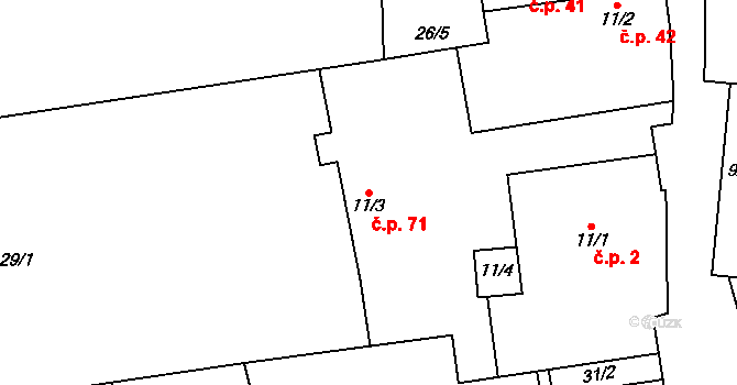 Charvatce 71 na parcele st. 11/3 v KÚ Charvatce u Jabkenic, Katastrální mapa