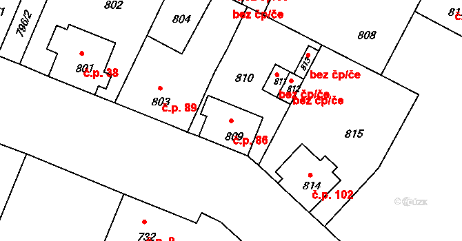 Mimoň V 86, Mimoň na parcele st. 809 v KÚ Mimoň, Katastrální mapa