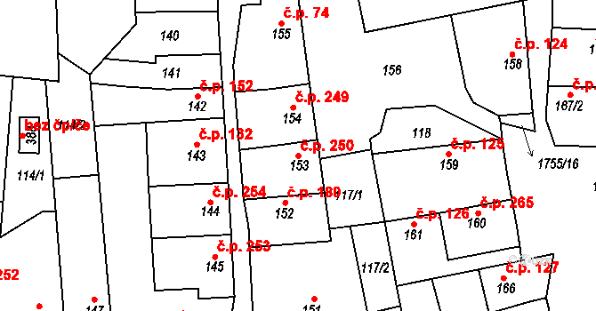Libochovice 250 na parcele st. 153 v KÚ Libochovice, Katastrální mapa