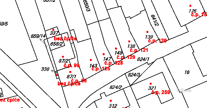 Unčín 128, Krupka na parcele st. 147 v KÚ Unčín u Krupky, Katastrální mapa