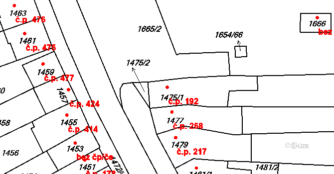 Bystrc 192, Brno na parcele st. 1475/1 v KÚ Bystrc, Katastrální mapa