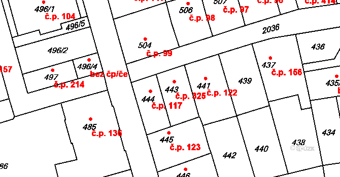 Uhříněves 325, Praha na parcele st. 443 v KÚ Uhříněves, Katastrální mapa