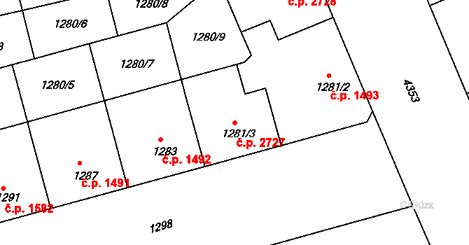 Žižkov 2727, Praha na parcele st. 1281/3 v KÚ Žižkov, Katastrální mapa