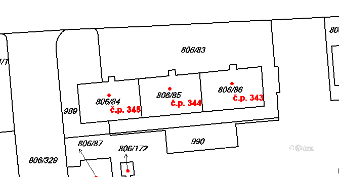 Malešice 344, Praha na parcele st. 806/85 v KÚ Malešice, Katastrální mapa