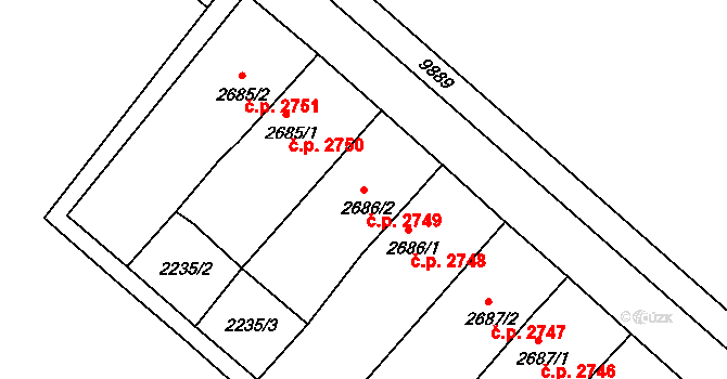 Hodonín 2749 na parcele st. 2686/2 v KÚ Hodonín, Katastrální mapa