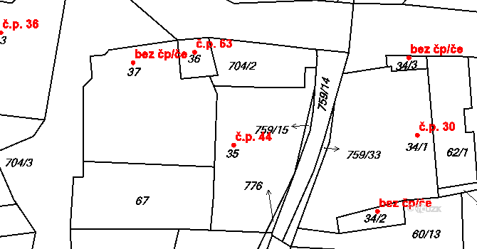 Trnov 44 na parcele st. 35 v KÚ Trnov, Katastrální mapa