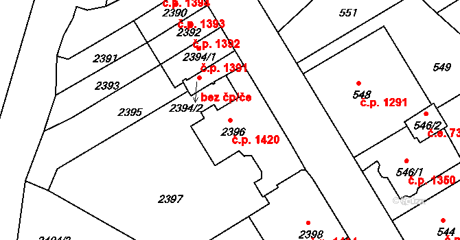 Rumburk 1 1420, Rumburk na parcele st. 2396 v KÚ Rumburk, Katastrální mapa