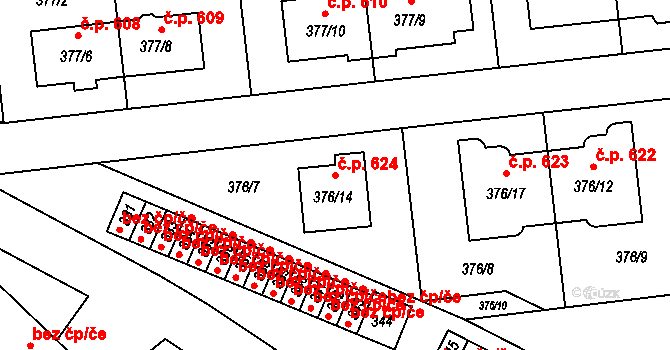 Postřelmov 624 na parcele st. 376/14 v KÚ Postřelmov, Katastrální mapa