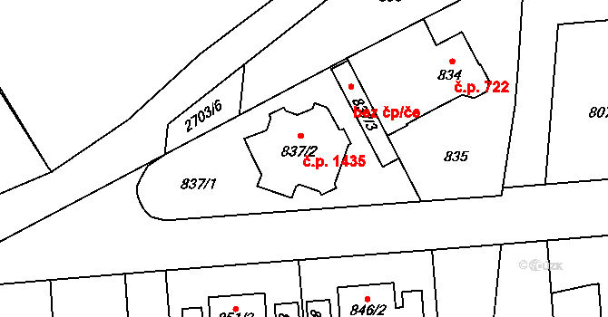 Kyje 1435, Praha na parcele st. 837/2 v KÚ Kyje, Katastrální mapa
