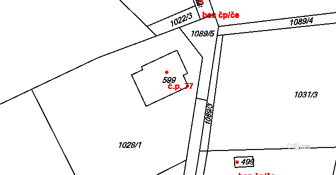 Čakovice 77, Týnec nad Sázavou na parcele st. 599 v KÚ Čakovice u Řehenic, Katastrální mapa