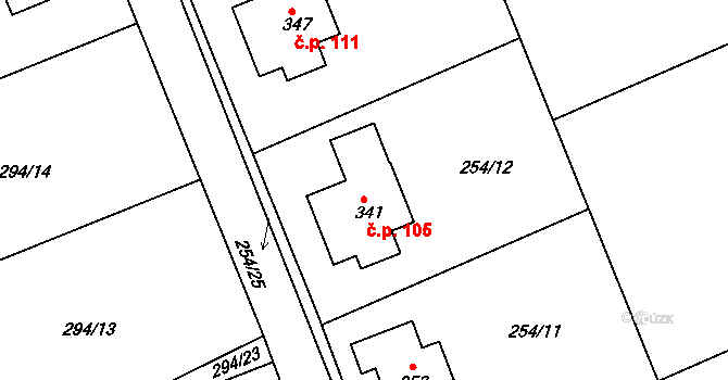 Hatě 105, Skuhrov na parcele st. 341 v KÚ Skuhrov pod Brdy, Katastrální mapa