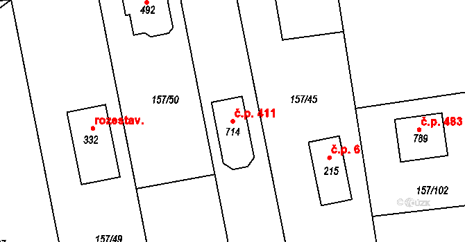 Bašť 411 na parcele st. 714 v KÚ Bašť, Katastrální mapa