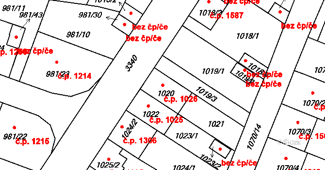 Benešov 1026 na parcele st. 1020 v KÚ Benešov u Prahy, Katastrální mapa