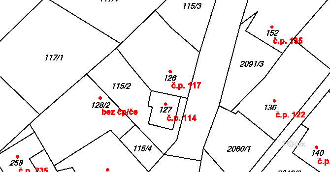 Bohdalov 117 na parcele st. 126 v KÚ Bohdalov, Katastrální mapa