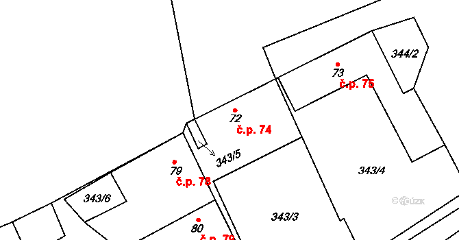Rudolec 74 na parcele st. 72 v KÚ Rudolec, Katastrální mapa