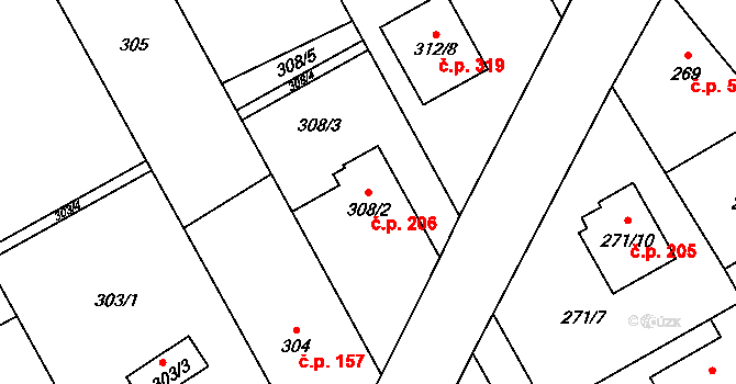 Chuchelná 206 na parcele st. 308/2 v KÚ Chuchelná, Katastrální mapa