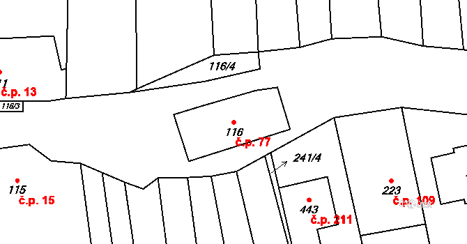Veletiny 77 na parcele st. 116 v KÚ Veletiny, Katastrální mapa
