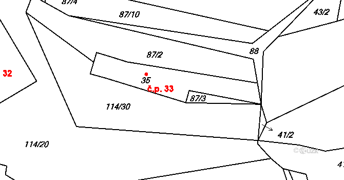 Čmelíny 33 na parcele st. 35 v KÚ Čmelíny, Katastrální mapa