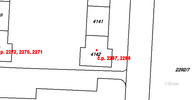 Zelené Předměstí 2286,2287, Pardubice na parcele st. 4142 v KÚ Pardubice, Katastrální mapa