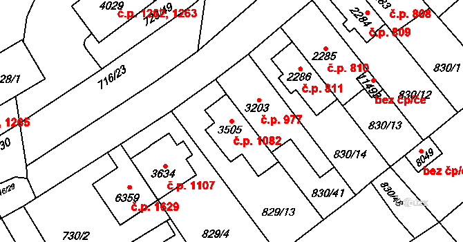 Bílé Předměstí 1082, Pardubice na parcele st. 3505 v KÚ Pardubice, Katastrální mapa