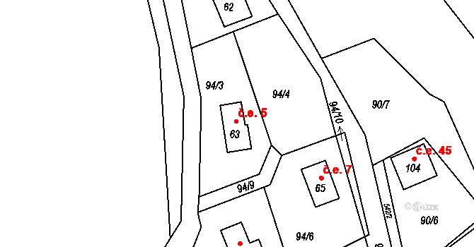 Pivonín 5, Zábřeh na parcele st. 63 v KÚ Pivonín, Katastrální mapa