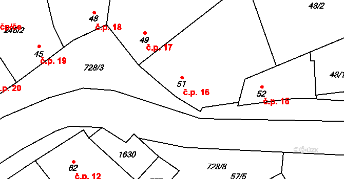 Dřevnovice 16 na parcele st. 51 v KÚ Dřevnovice, Katastrální mapa